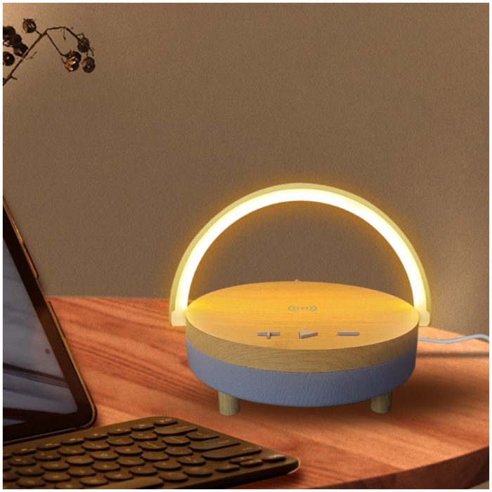 Natlampe med trådløs oplader og højtaler